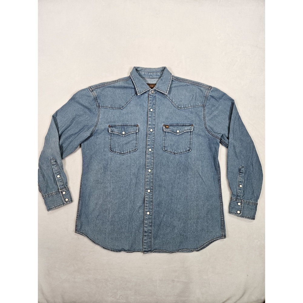 Territory Ahead Shirt Western Denim Blue Pearl Snap Cowboy Embroidered Mens Sz L